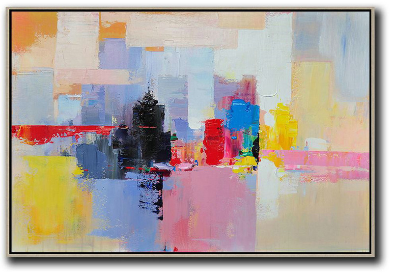 Horizontal Abstract Landscape Art,Oversized Art,White,Pink,Yellow,Black,Red